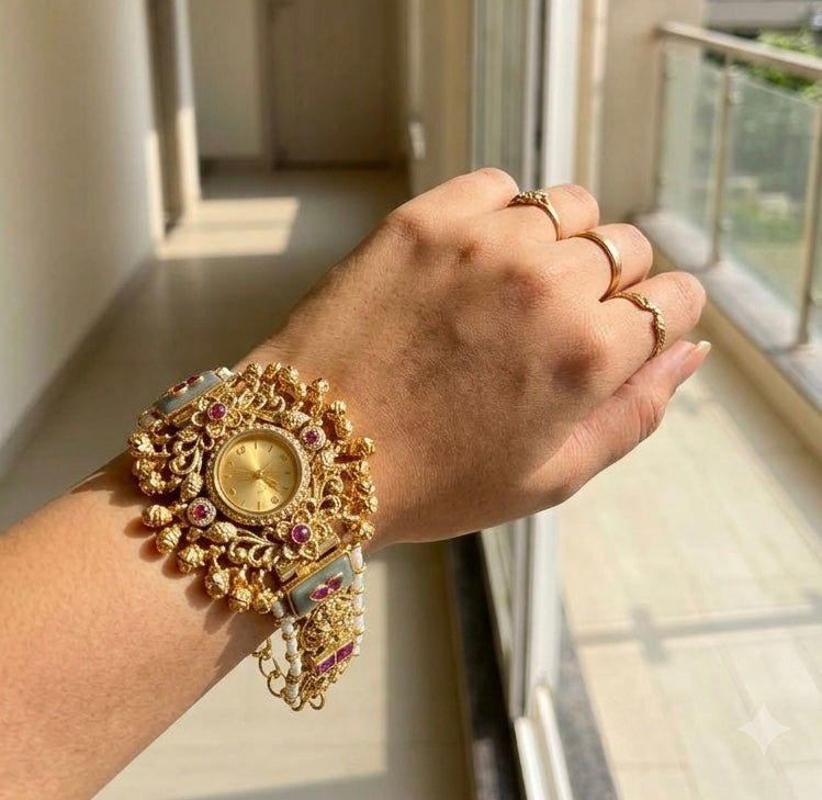 Brass heritage kashmiri watch with pearl outline