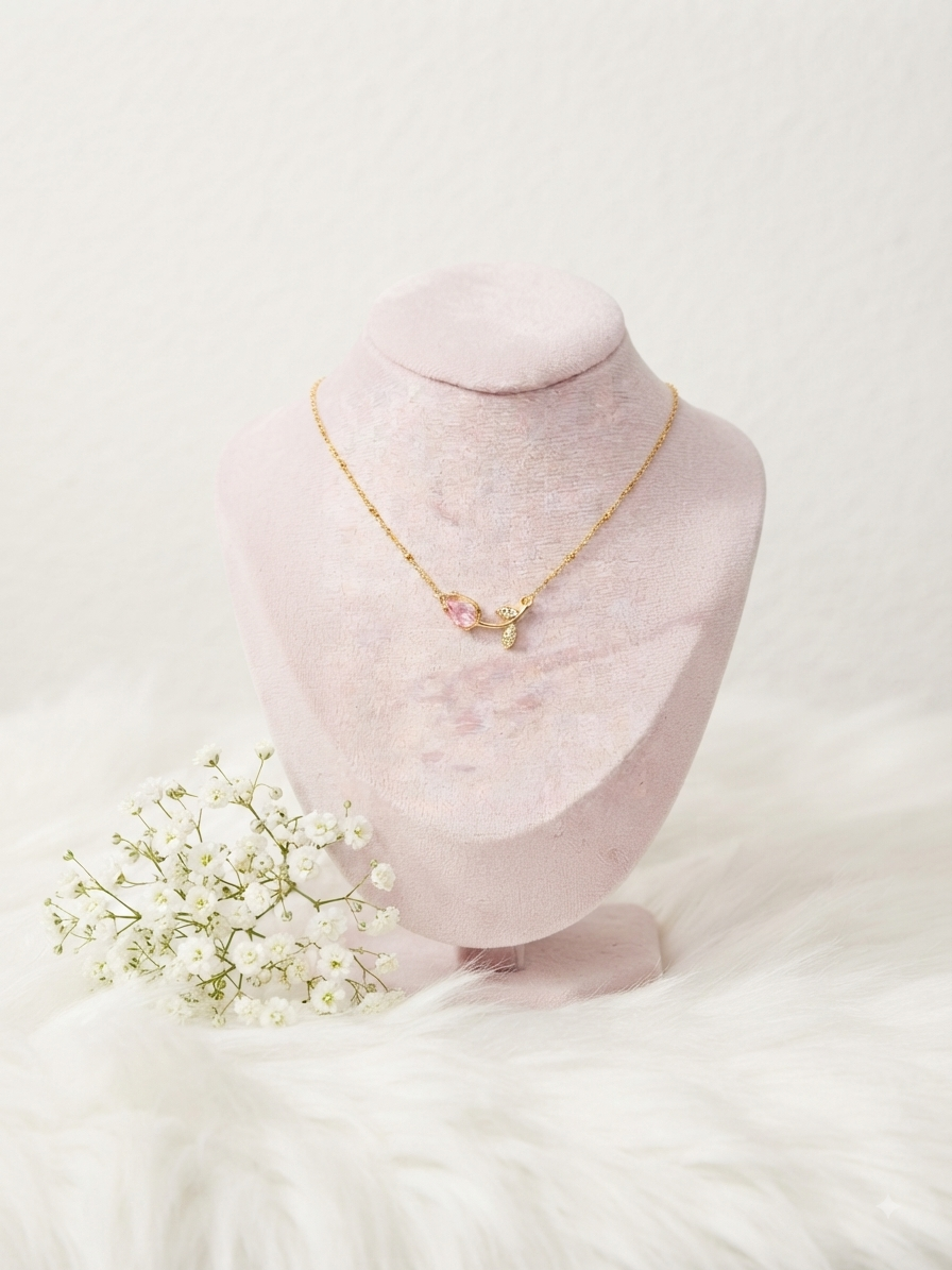 Beautiful anti tarnish pink tulip necklace with diamond leaf