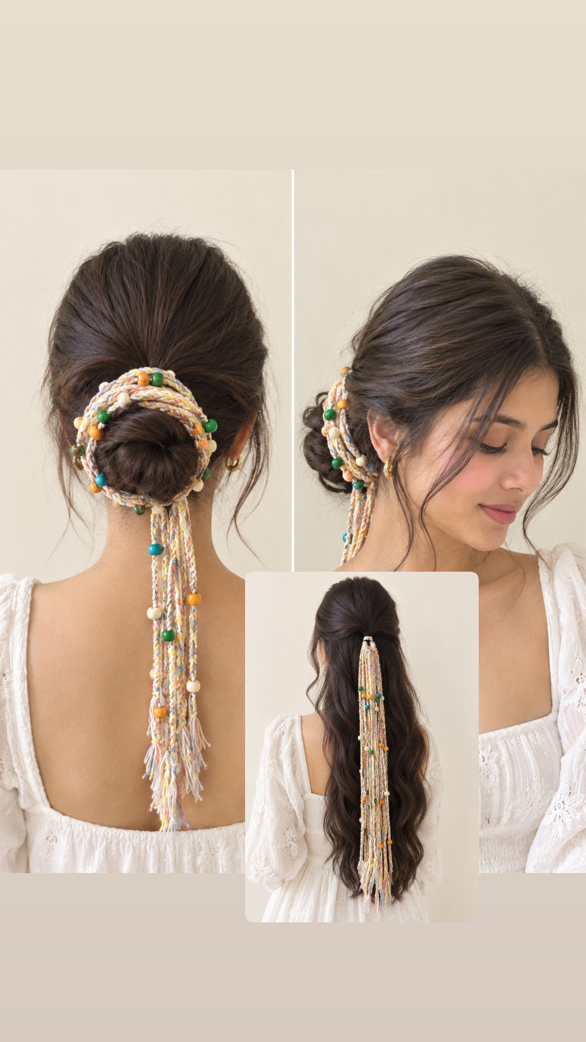 Bohemian braid or boho parandi in orange white yellow blue color mix.