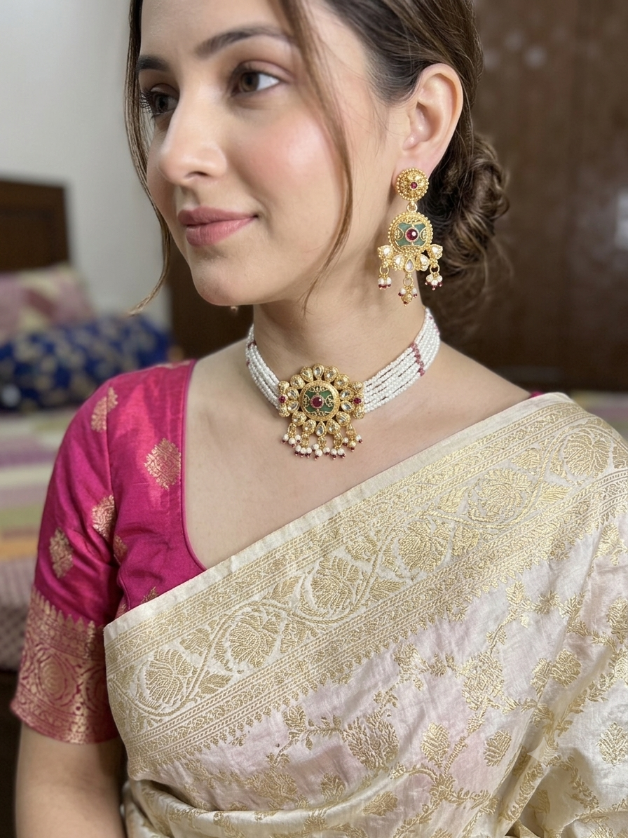 Beautiful pearl choker brass necklace kashmiri  set