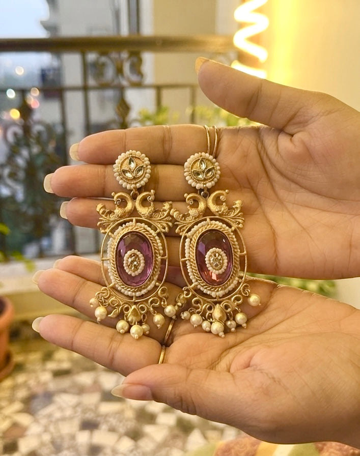 Brass kashmiri earrings with magenta stone🫰