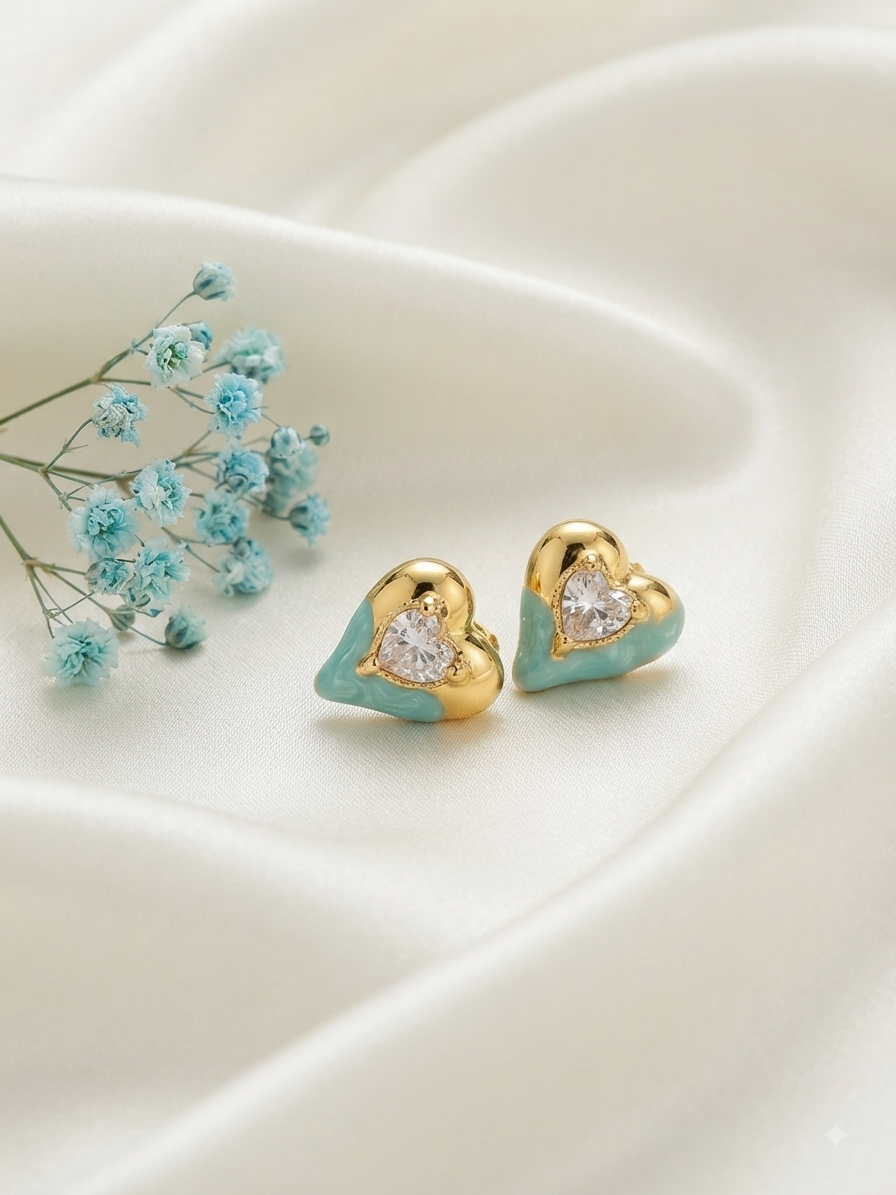 Anti tarnish heart shape aqua blue enamel shade studd earrings