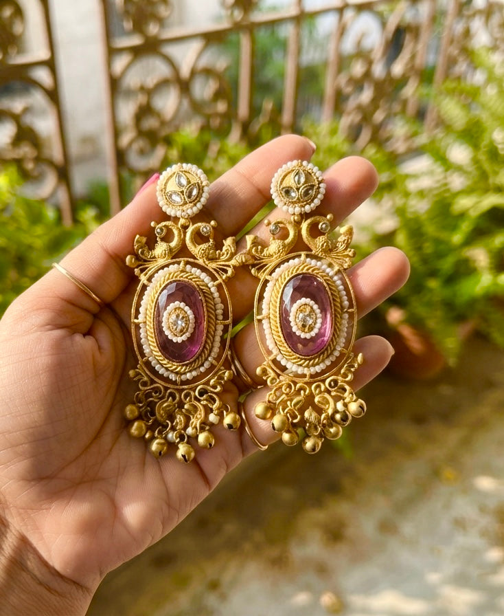 Brass kashmiri earrings with magenta stone🫰