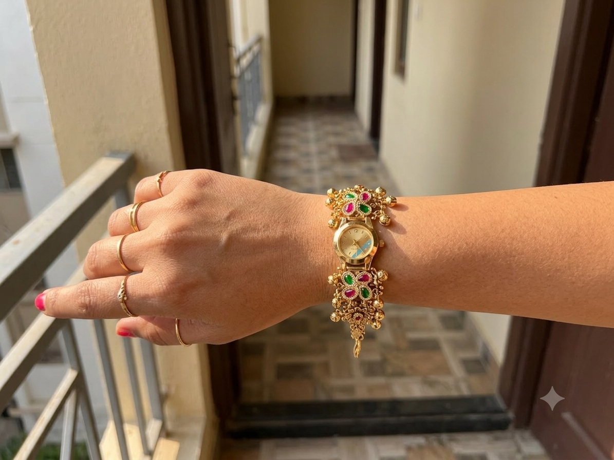 Brass heritage kashmiri watch with rubi and green shades
