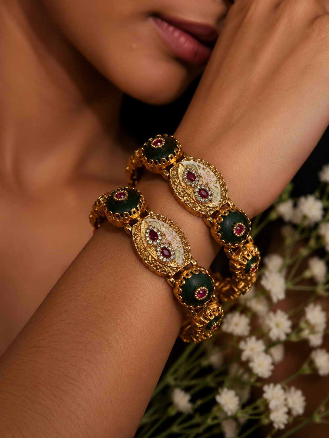 Brass microgold polished heritage bangle set with green and white polishing.