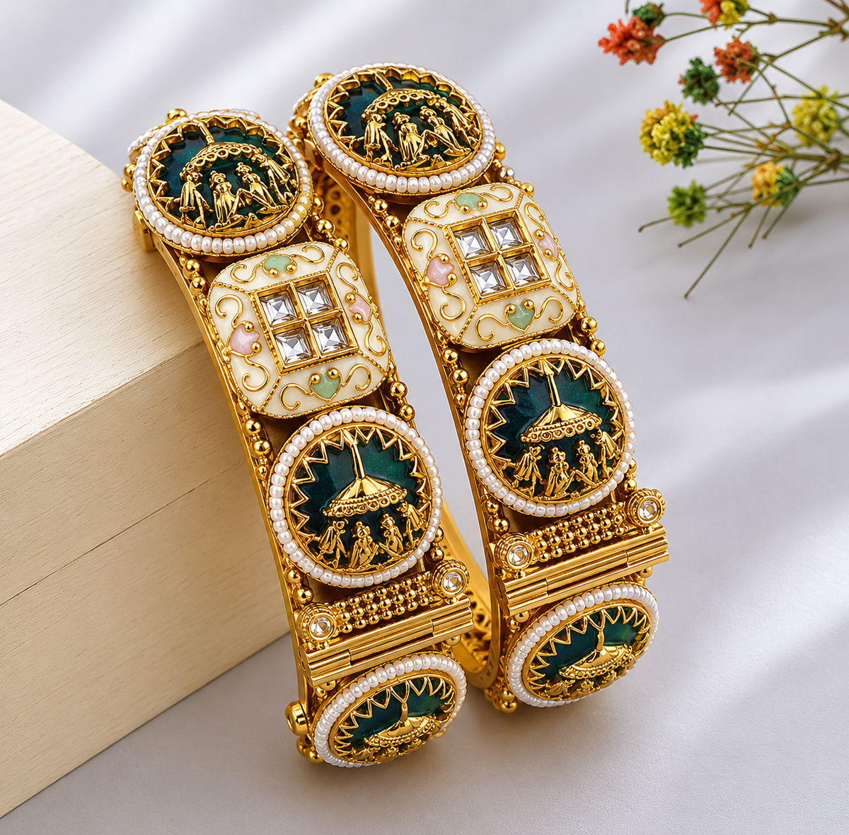 Brass heritage microgold polished golden green and white shade bangle set