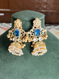 Copper polished golden blue stone kashmiri jhumka