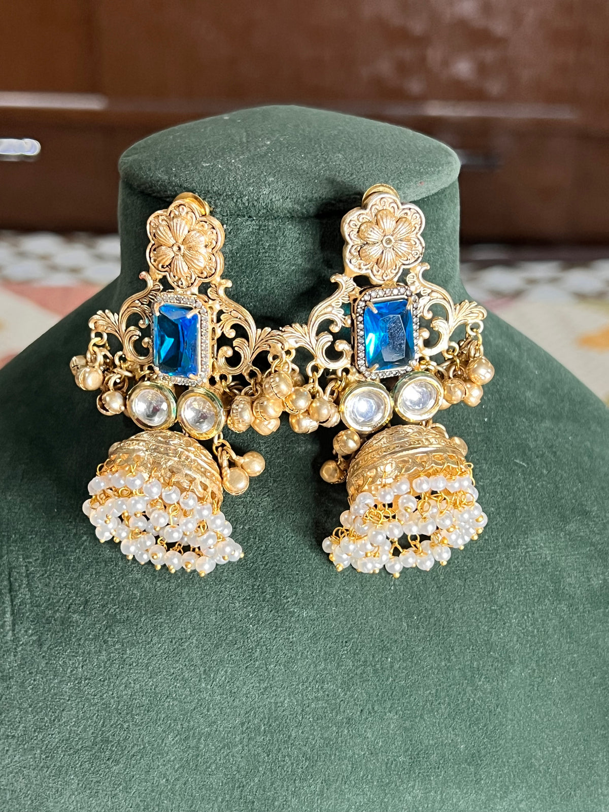 Copper polished golden blue stone kashmiri jhumka