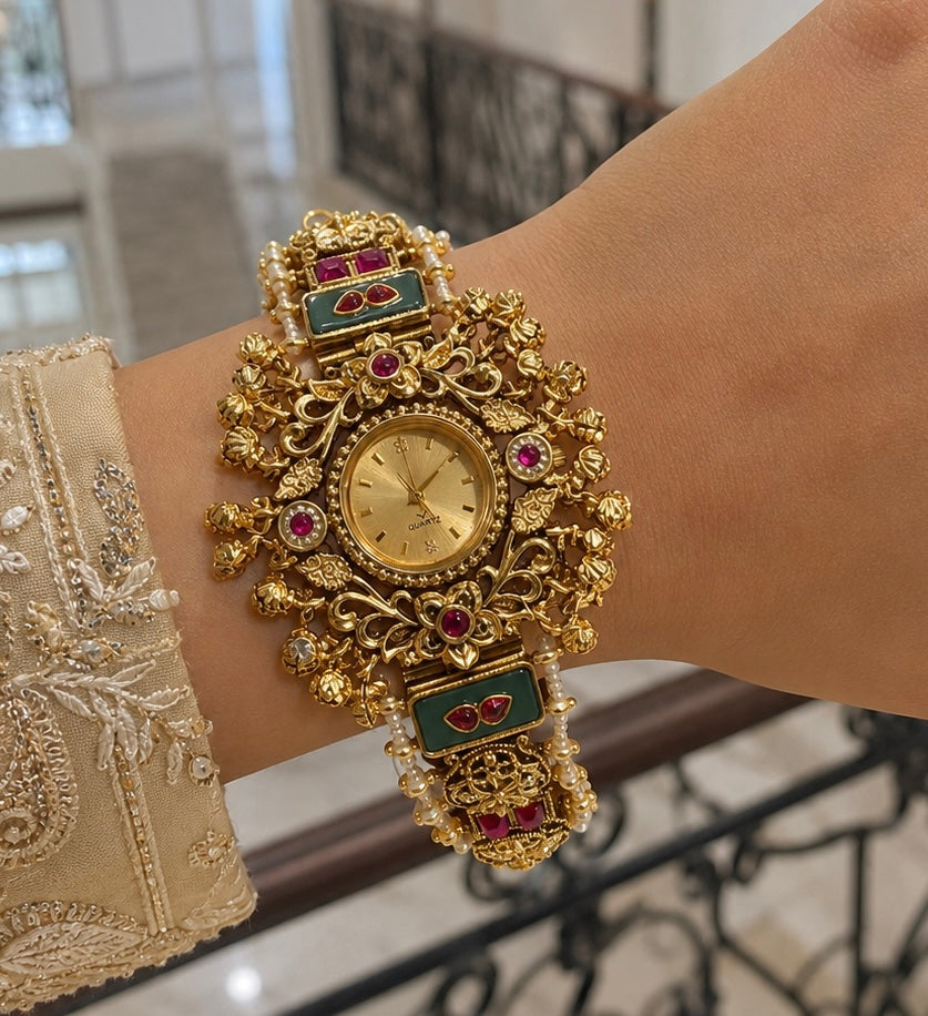 Brass heritage kashmiri watch with pearl outline