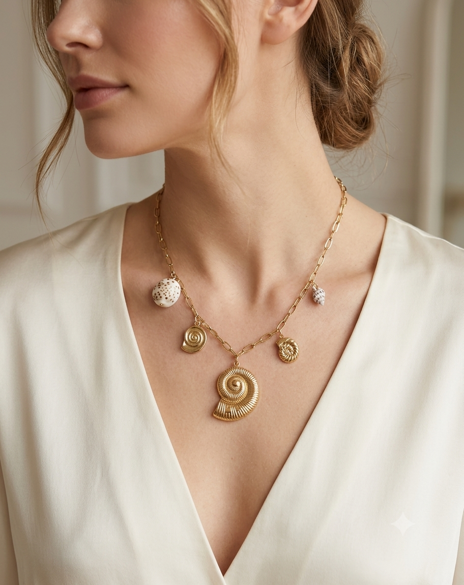 golden white ocean theme anti tarnish necklace