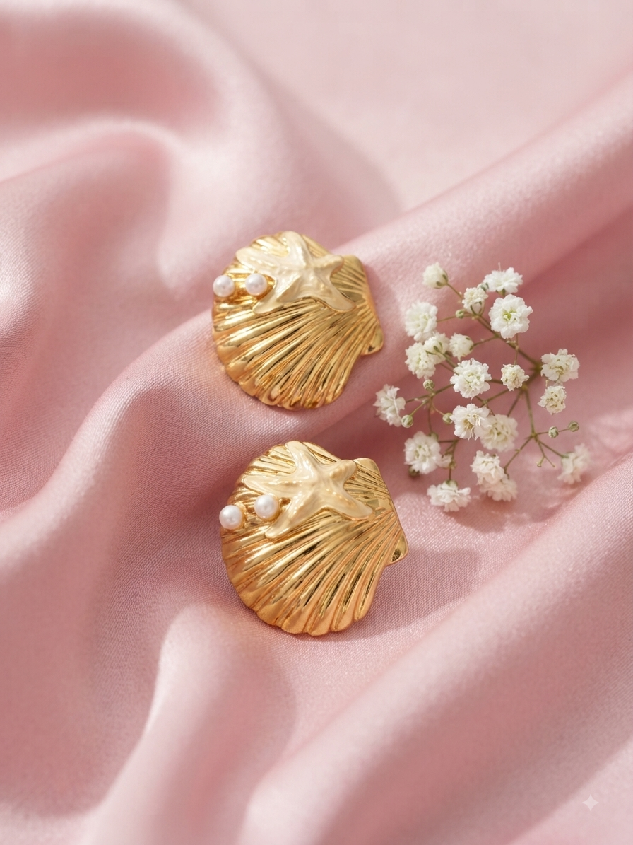 Anti tarnish sea shell , starfish large studd earrings