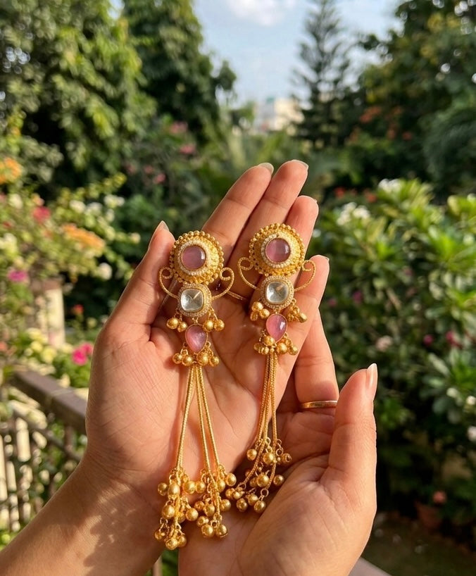 Pink stone golden brass kashmiri long earrings