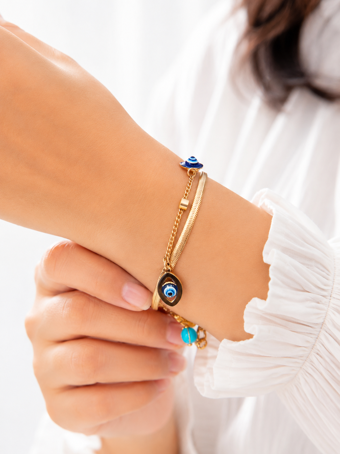 Beautiful anti tarnish evil eye double layer golden bracelet