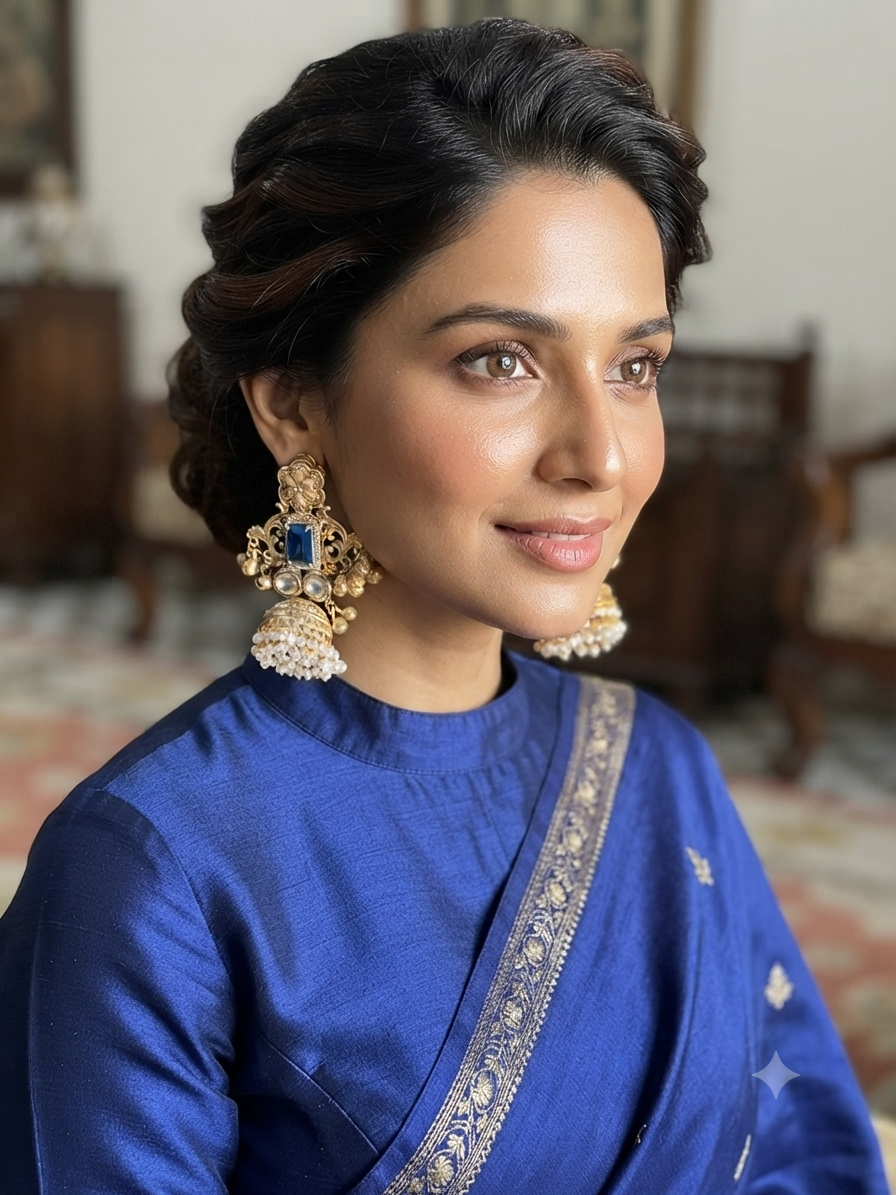 Copper polished golden blue stone kashmiri jhumka