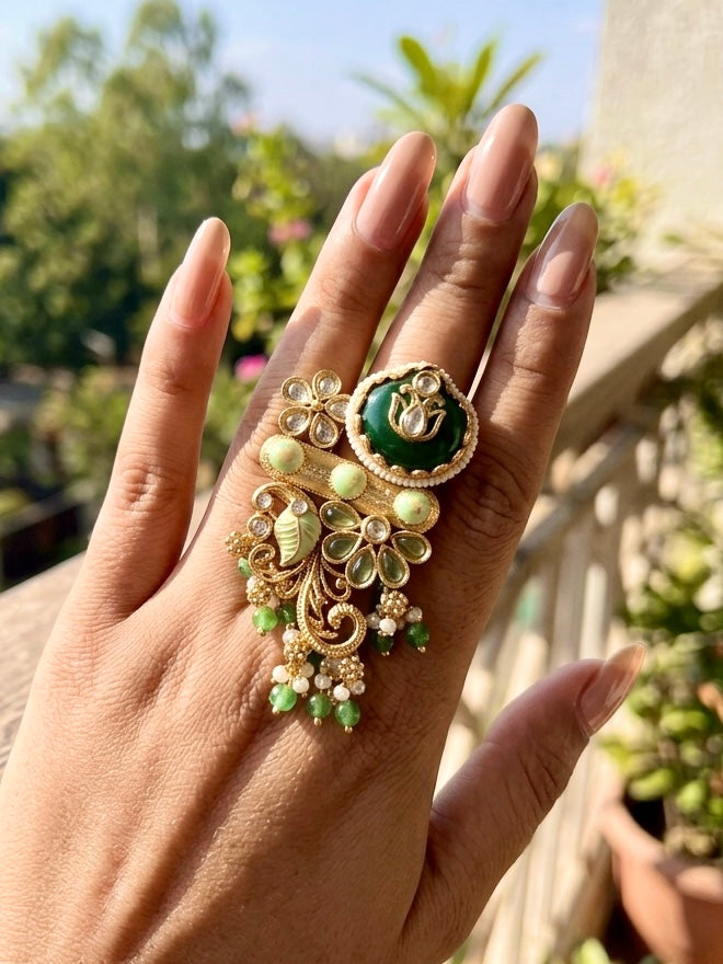 Beautiful brass heritage kashmiri ring in green shades