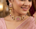 Beautiful brass choker necklace with pink stones and white pearls