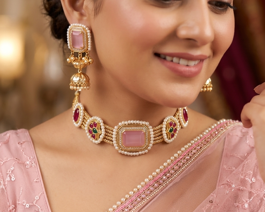 Beautiful brass choker necklace with pink stones and white pearls