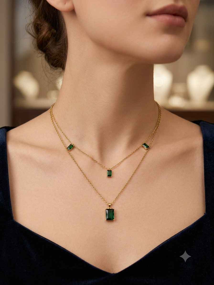 Double layered locket with green stones