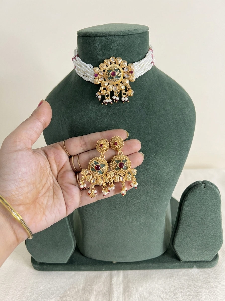 Beautiful pearl choker brass necklace kashmiri  set