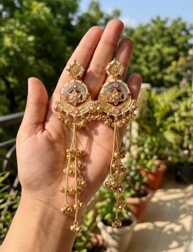 Pink golden white kashmiri jhumkas