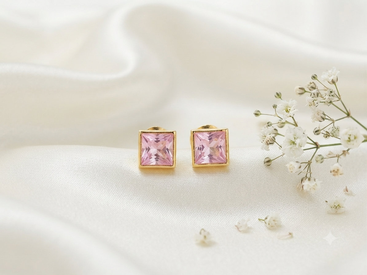Anti tarnish baby pink golden square studd earrings