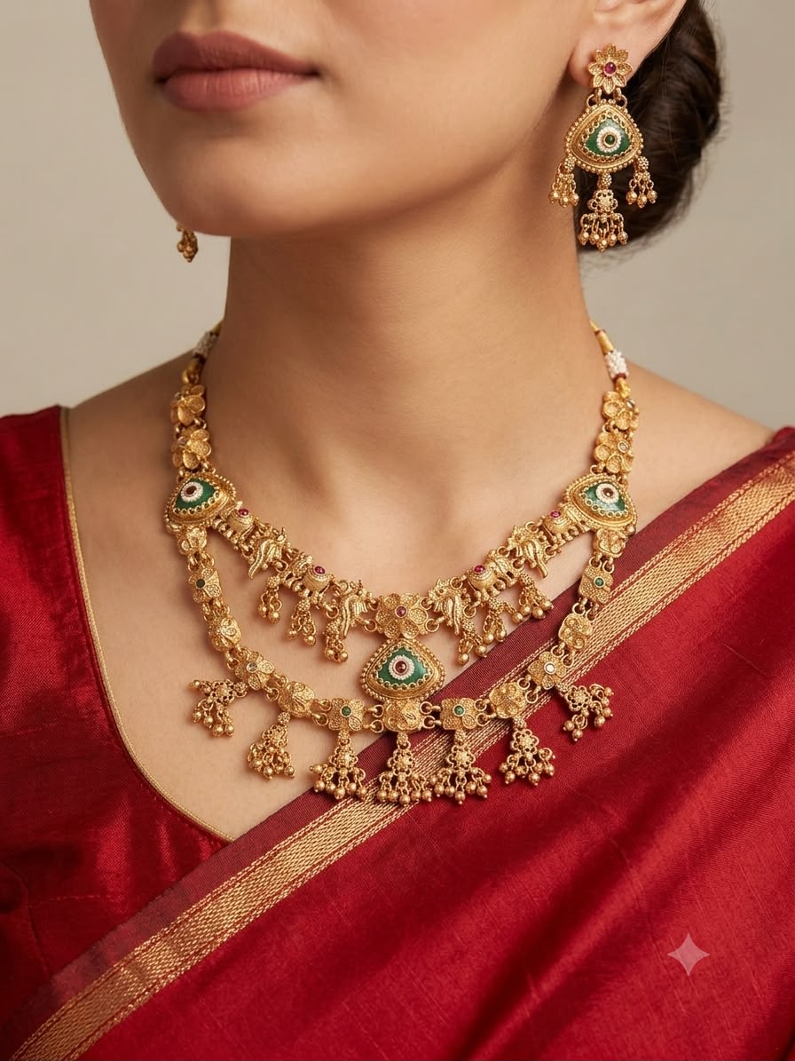 Brass Double layered micropolished heritage neck set with earrings