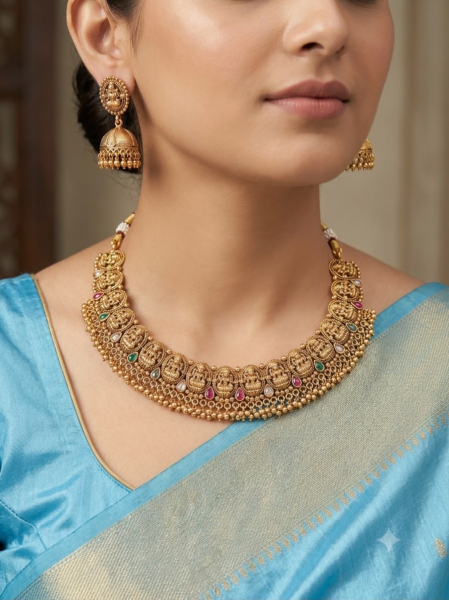 Brass Microgold polished heritage temple design necklace set